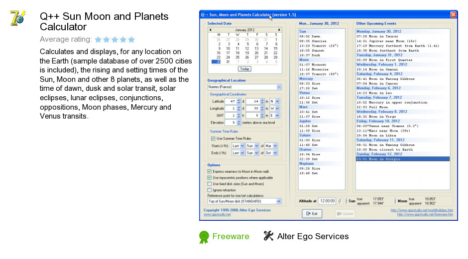 Q++ Sun Moon and Planets Calculator