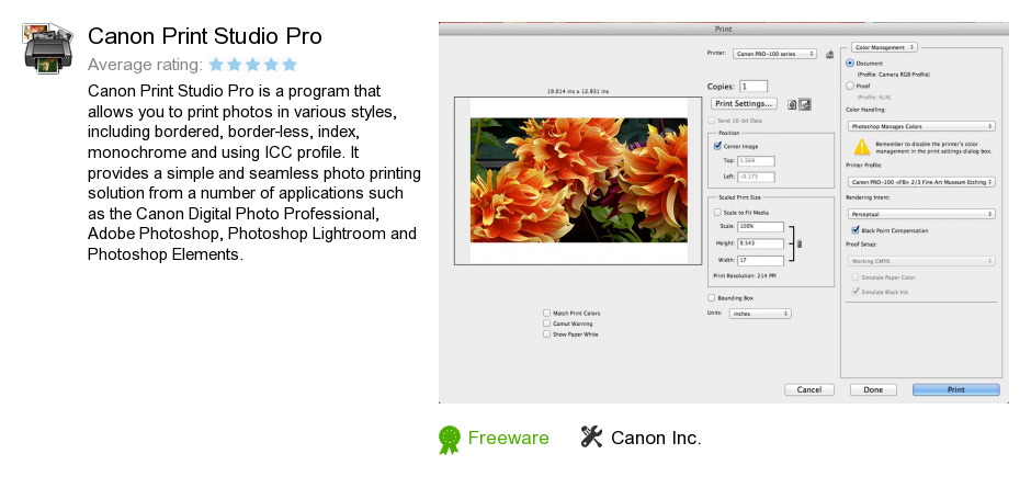 review canon print studio pro is an application developed by canon inc ...